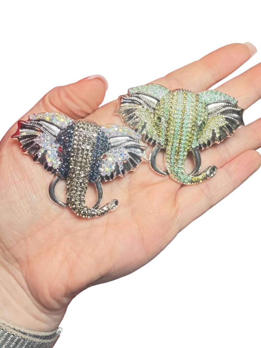 Elephant Brooches Set of 2 Rhinestone Modern Silver Tone 2 inches